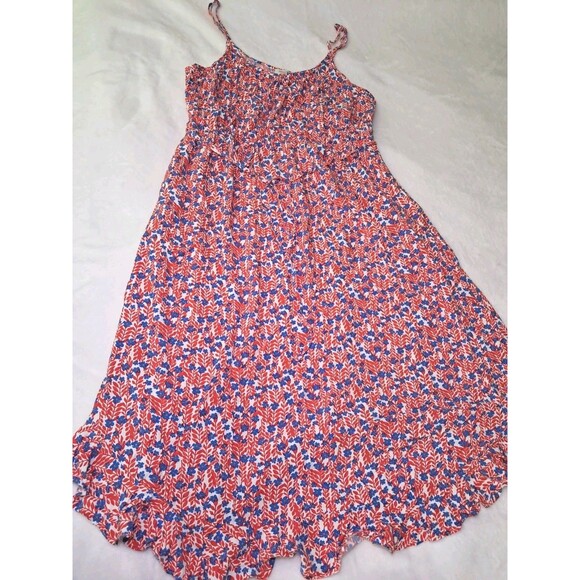 J. Crew Ruffle Midi Curved Hem Dress Red Blue Floral Strappy BI399 Size 14 - Picture 9 of 12